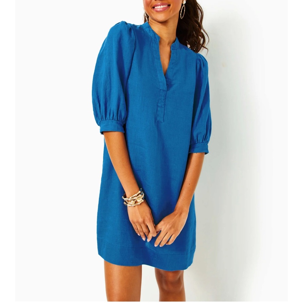 Lilly Pulitzer Mialeigh Linen Dress Barton Blue Short Sleeve Vneck